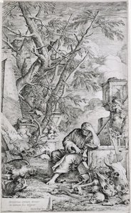 Democritus v meditaci (rytina) od Salvator Rosa