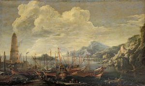 Přístav s majákem a loděmi od Salvator Rosa