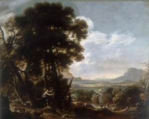 Hermina vyřezává jméno Tancredi na strom, dílo Salvatore Rosa, konzervované v Galleria Estense v Modeně od Salvator Rosa
