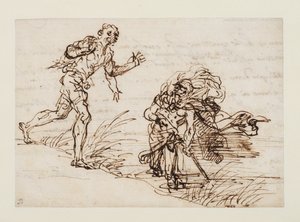 Merkur a nepoctivý dřevorubec (recto), asi 1655-1659 (pero a hnědá tuš na křídovém papíře) od Salvator Rosa