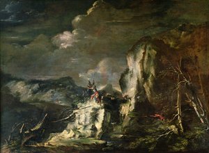 Skalnatá krajina s lovcem a válečníky od Salvator Rosa