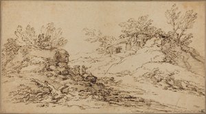 Skalnatá krajina s rustikálním domem od Salvator Rosa