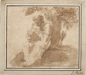 Sedící mladistvá postava čtoucí pod stromem od Salvator Rosa