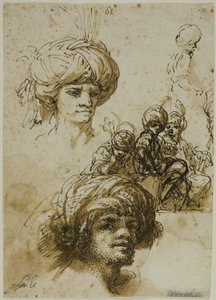 Náčrty mužů s turbany (recto); fragment postavy a náčrty listnatého architektonického ornamentu (verso) od Salvator Rosa