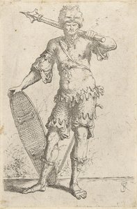 Stojící exotický válečník s čepicí se lví hlavou, držící palcát a štít, kolem 1656-57 (lept na položený papír) od Salvator Rosa
