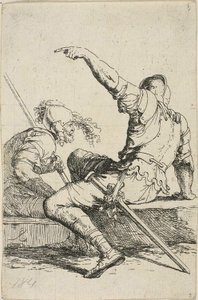 Dva válečníci sedící na nízkých skalách od Salvator Rosa