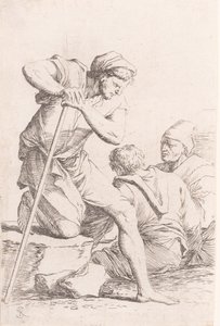 Dva sedící muži a další muž držící hůl klečící na skále, ze seri..., ca. 1656-1657. od Salvator Rosa