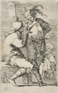 Dva válečníci, jeden drží meč, druhý halapartnu; za nimi starý vousatý muž z Figurka od Salvator Rosa