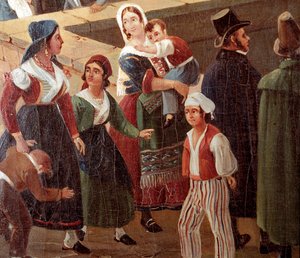 Tradiční neapolské kostýmy: obyčejní lidé Detail obrazu od Salvatora Fergoly (1799-1877) 1859 Národní muzeum San Martino Neapol