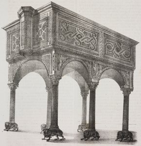 Starověké obě v katedrále Sessa Aurunca, Kampánie, Itálie, litografie Salvatore Puglia podle kresby Pasquale Mattei (1813-1879) z Poliorama Pittoresco, n 43, 31. května od Salvatore Puglia