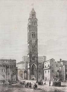Zvonice katedrály Gaeta, Lazio, Itálie, litografie Salvatore Puglia podle kresby Pasquale Mattei (1813-1879), z Poliorama Pittoresco, n 48, 6. července od Salvatore Puglia