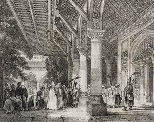 Vstupní hala Serraglia, Turecko, z příběhového harému na východě, litografie z Poliorama Pittoresco, č. 12, 28. října od Salvatore Puglia