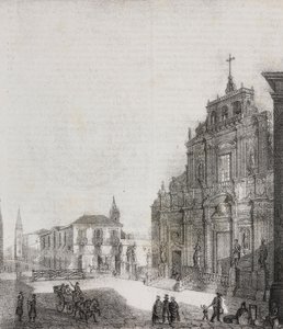 Fasáda baziliky San Sebastiano v Acireale, Sicílie, Itálie, litografie Salvatore Puglia z Poliorama Pittoresco, n 39, 3. května od Salvatore Puglia