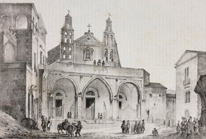 Fasáda katedrály Sessa Aurunca, Kampánie, Itálie, litografie Salvatore Puglia podle kresby Pasquale Mattei (1813-1879) z Poliorama Pittoresco, n 42, 24. května od Salvatore Puglia