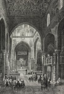 Interiér palatinské kaple v Palazzo dei Normanni nebo královského paláce v Palermu, Sicílie, Itálie, litografie Salvatore Puglia z Poliorama Pittoresco, n 41, 21. května od Salvatore Puglia