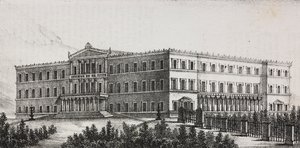Královský palác v Aténách, Řecko, litografie Salvatore Puglia z Poliorama Pittoresco, n 5, 9. září od Salvatore Puglia