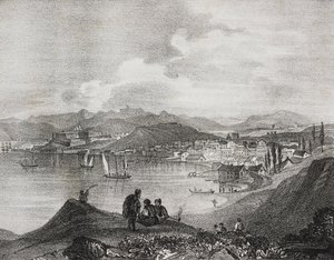 Pohled na Korfu z hory Oliveto, Jónské ostrovy, Řecko, litografie Salvatore Puglia z Poliorama Pittoresco, n 25, 25. ledna od Salvatore Puglia