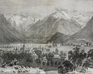 Pohled na Interlaken, Švýcarsko, litografie Salvatore Puglia z Poliorama Pittoresco, n 36, 16. dubna od Salvatore Puglia