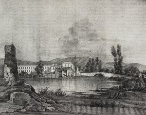 Pohled na továrnu a kostel Santa Restituta na břehu řeky Fibreno v Cornello, Lazio, Itálie, litografie od Salvatore Puglia podle kresby Raffaele Carelli, z Poliorama Pittoresco, n 16, 26. listopadu od Salvatore Puglia