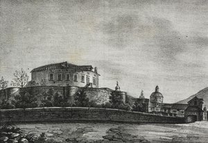 Pohled na hrad Acerra, Kampánie, Itálie, litografie Salvatore Puglia z Poliorama Pittoresco, n 30, 5. března od Salvatore Puglia