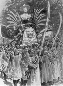 Arts Tribute to Arms: South Kensington Art Students and their Mafeking Car, z „The Illustrated London News“, 26. května 1900, vyryto Thomasem Lascellesem (rytina) (černobílá fotografie)