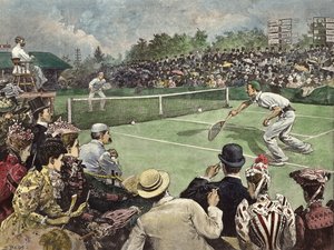 Mistrovství v tenisu na trávě ve Wimbledonu 1891, pánové W Baddeley a J Pim ve finále (kolorovaná rytina)