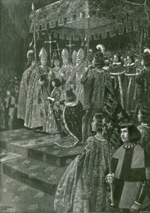 Předávání ostruh a meče při korunovaci Jindřicha VI. (litografie)