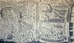 Bitva u jezera George, ve které byl zraněn Sir William Johnson (litho) od Samuel (after) Blodget