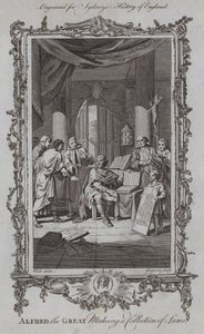 Alfréd Veliký tvoří sbírku zákonů (rytina) od Samuel (after) Wale