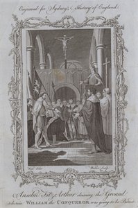 Anselm Fitz-Arthur si nárokuje pozemek, kde měl být Vilém Dobyvatel pohřben (rytina) od Samuel (after) Wale