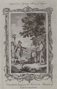 Caractacus zrazen do rukou Římanů Cartismanduou (rytina) od Samuel (after) Wale
