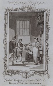Kardinál Wolsey předává Velkou pečeť vévodům z Norfolku a Suffolku (rytina) od Samuel (after) Wale