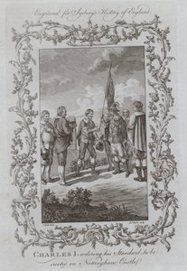 Karel I. nařizuje vztyčení své standarty na zámku Nottingham (rytina) od Samuel (after) Wale
