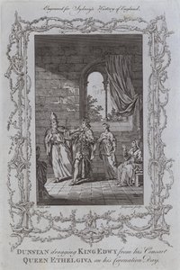 Dunstan táhne krále Edwyho od své choti, královny Ethelgivy v den jeho korunovace (rytina) od Samuel (after) Wale
