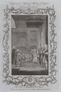 Vévoda z Queensberry a Doveru předkládá královně Anně zákon o unii (rytina) od Samuel (after) Wale