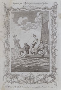 Vévoda ze Suffolku sťat na dlouhém člunu poblíž Doveru (rytina) od Samuel (after) Wale