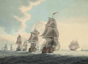 Eskadra královského námořnictva běží po kanálu La Manche (tužka, pero, černý inkoust a akvarel na papíře) od Samuel (attr. to) Atkins