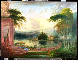 Romantická krajina s příchodem královny ze Sáby, kolem roku 1830 (olej na plátně)
