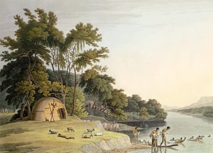 Vesnice Korah Hottentot na levém břehu řeky Orange, deska 1 z „African Scenery and Animals“, vyrytá umělcem, 1804 (akvatinta)