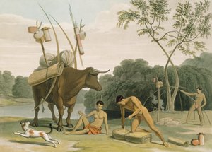 Korah Hottentots Preparing to Remove, deska 20 z „African Scenery and Animals“, vyryto umělcem, 1805 (akvatinta) od Samuel Daniell
