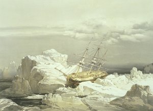Kritická pozice H.M.S. Vyšetřovatel na severním pobřeží ostrova Baring, 20. srpna 1851, vyryl William Simpson, vydal Ackermann und Co., 1854 od Samuel Gurney Cresswell