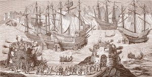 Henry VIII nalodění v Doveru z velkého tisku vydaného Královskou společností starožitností