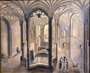 Vnitřní pohled na Holywell Spa, Severní Wales (akvarel s perem a inkoustem na papíře) od Samuel Hieronymous Grimm