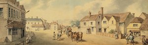 Trenér a čtyři projíždějící přes Chippenham, Wiltshire (pero a inkoust a wc na papíře) od Samuel Howitt
