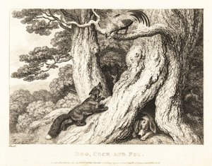 Kohout na stromě přelstí lišku, zatímco pes spí. 1811 (lept) od Samuel Howitt