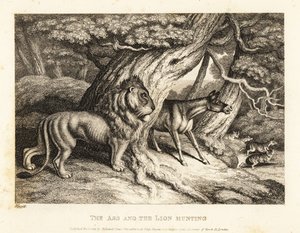 Osel při lovu se lvem hlasitě hýká na kořist. 1811 (lept)