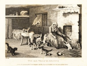 Stará ježibaba sedící u krbu v chatrči obklopená kočkami. 1811 (lept)