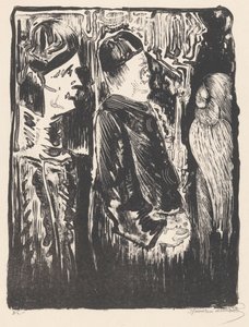 Fantasy: vlevo dvě postavy s klobouky vpravo, vpravo poškrábaný vzhled s peřím od Samuel Jessurun de Mesquita