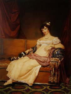 Lady Waterhouse sedí na pohovce se svým španělem (akvarel na papíře)