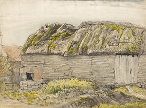 Stodola s mechovou střechou, Shoreham (akvarel s hnědým praním, inkoust, kvaš a tužka na papíře) od Samuel Palmer